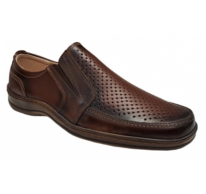 Pantofi barbati casual din piele naturala, perforati, cu elastic, calapod lat, GKR23M