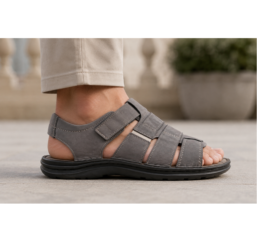 Sandale barbati gri din piele naturală, închidere velcro talpă confortabilă – casual, aerisite și practice GKR47GB