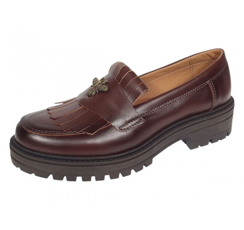 Pantofi dama maro cognac piele naturala cu talpa groasa si accesoriu albina