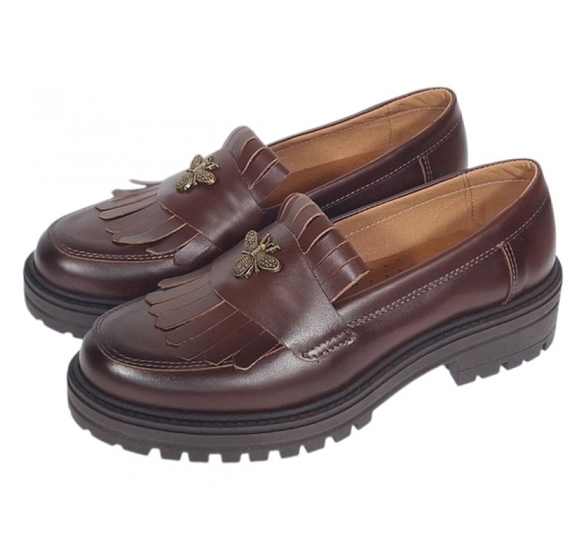 Pantofi dama maro cognac piele naturala cu talpa groasa si accesoriu albina