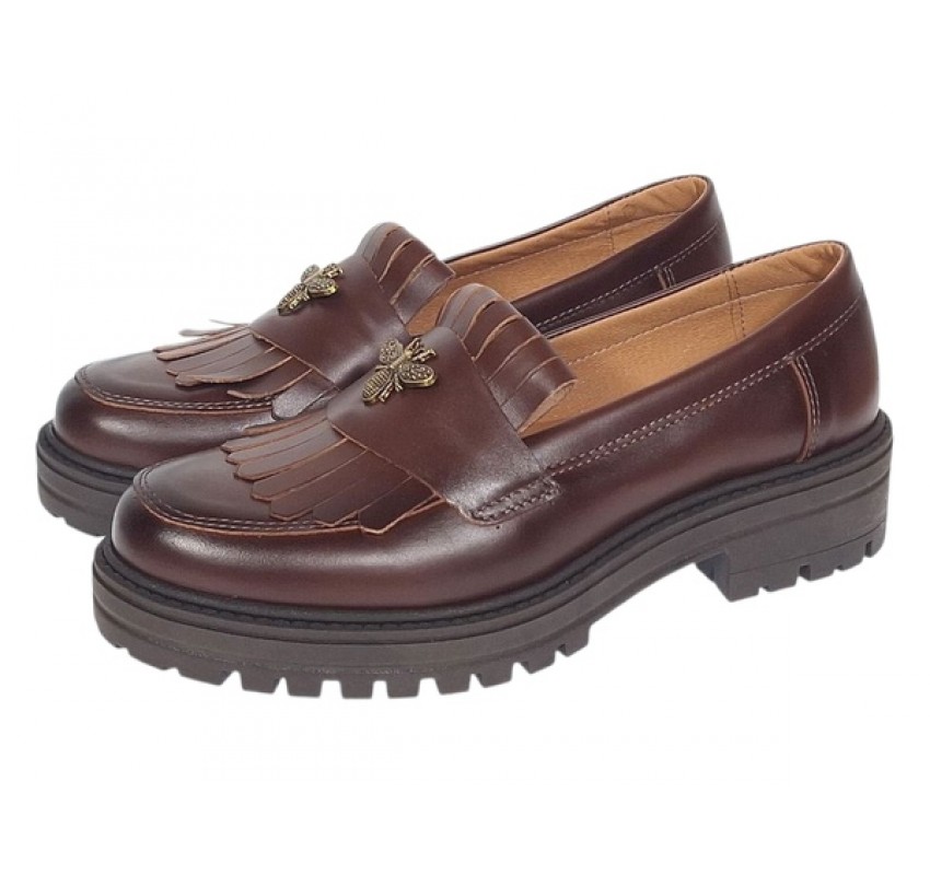 Pantofi dama maro cognac piele naturala cu talpa groasa si accesoriu albina