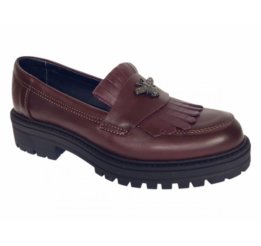 Pantofi dama bordeaux piele naturala cu talpa groasa si accesoriu albina