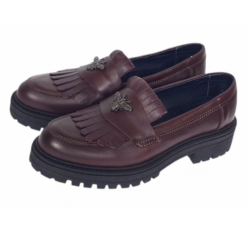 Pantofi dama bordeaux piele naturala cu talpa groasa si accesoriu albina