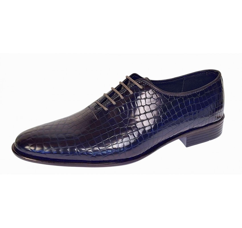 Pantofi eleganti barbati din piele naturala Havana Croco Lac Bleumarin Inchis