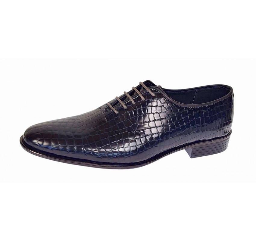 Pantofi eleganti barbati din piele naturala Havana Croco Lac Bleumarin Inchis