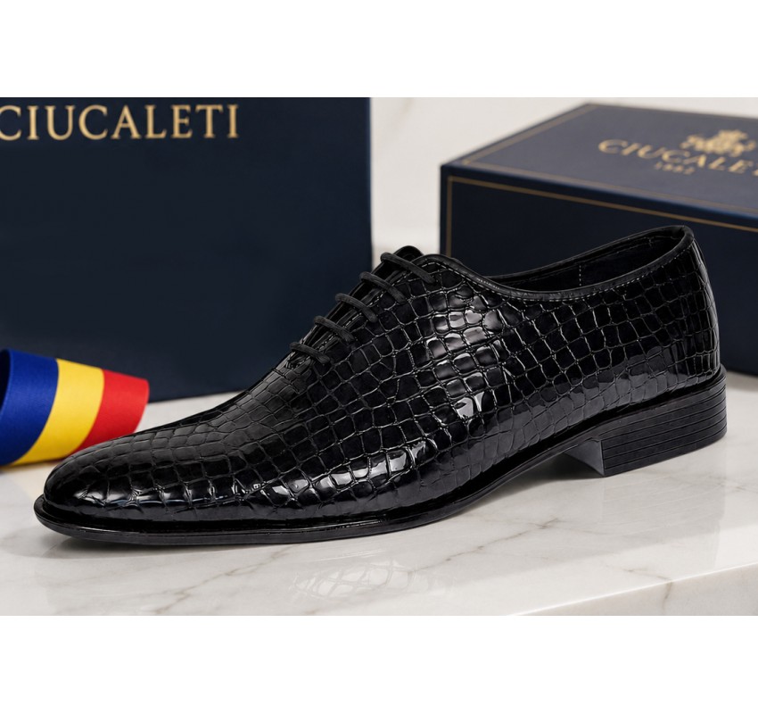 Pantofi eleganti barbati din piele naturala Havana Croco 51 Negru Lac