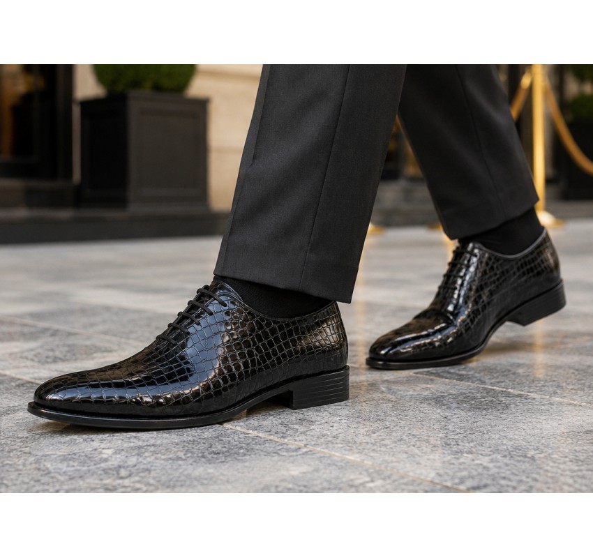 Pantofi eleganti barbati din piele naturala Havana Croco 51 Negru Lac