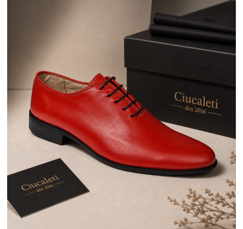 Pantofi barbati rosii eleganți din piele naturală cu șiret și talpi confortabile deosebite GKR51R