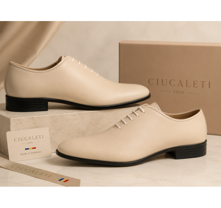 Pantofi barbati eleganti bej din piele naturala dintr-o bucata cu siret Havana GKR51TSB
