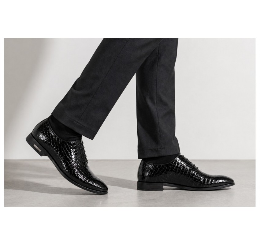Pantofi barbati eleganti, negri din piele naturala croco lac GKR70N