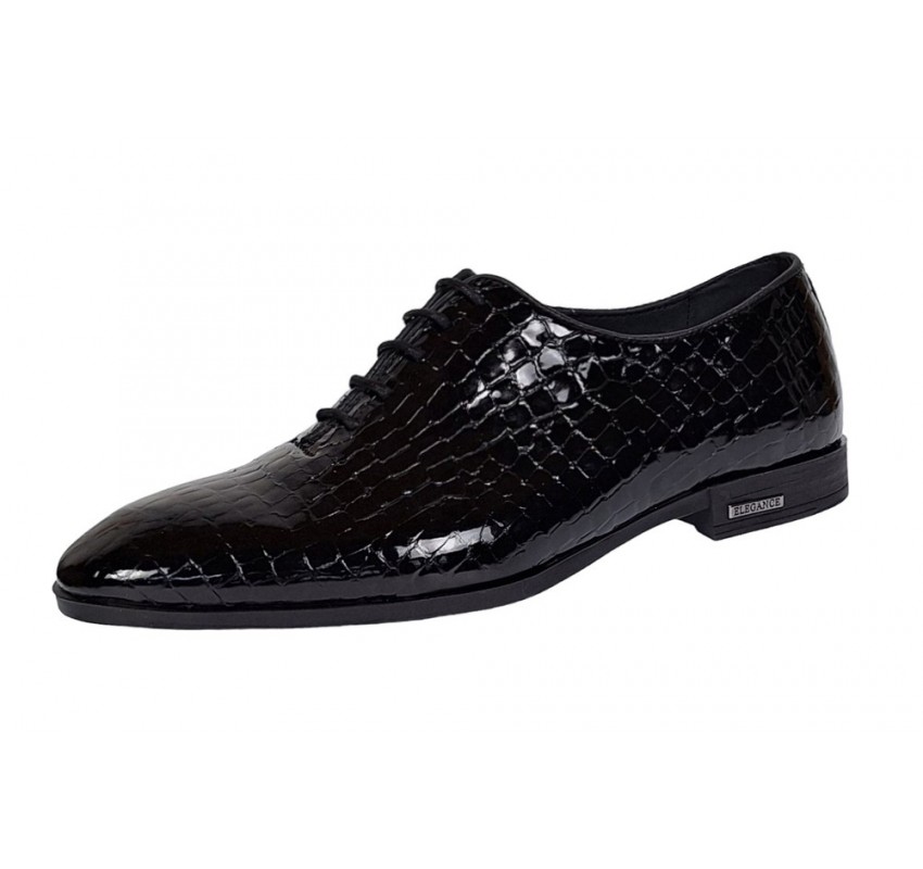Pantofi barbati eleganti, negri din piele naturala croco lac GKR70N