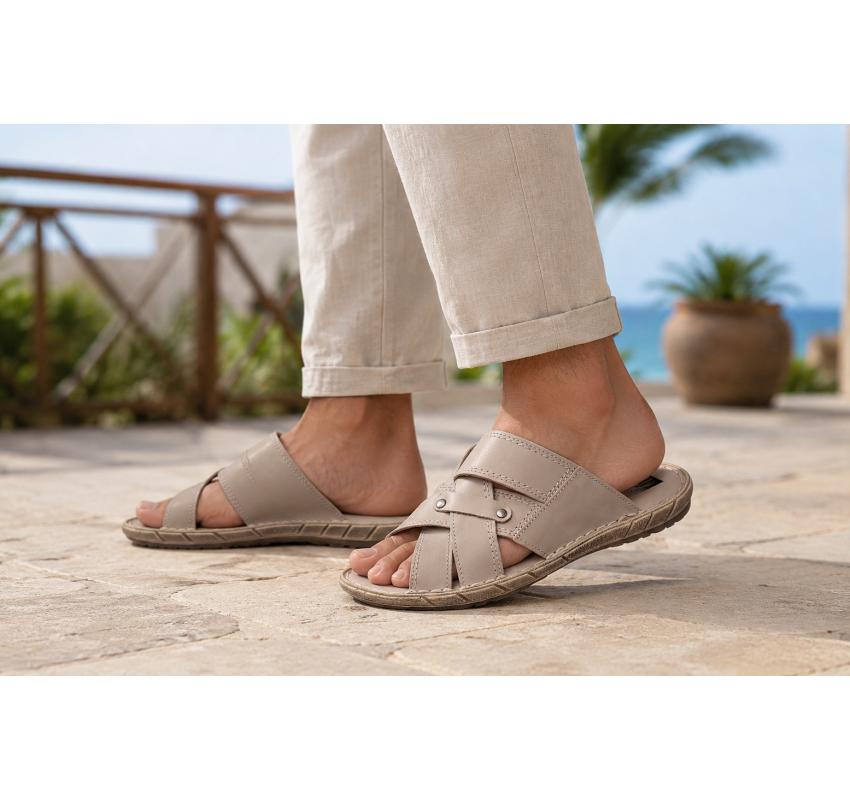 Papuci barbatesti bej din piele naturala – confort de vara cu stil relaxat si aspect premium GKR74BEJ