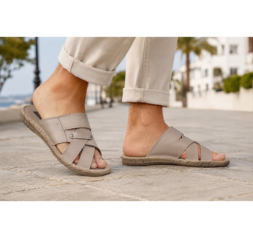Papuci barbatesti bej din piele naturala – confort de vara cu stil relaxat si aspect premium GKR74BEJ