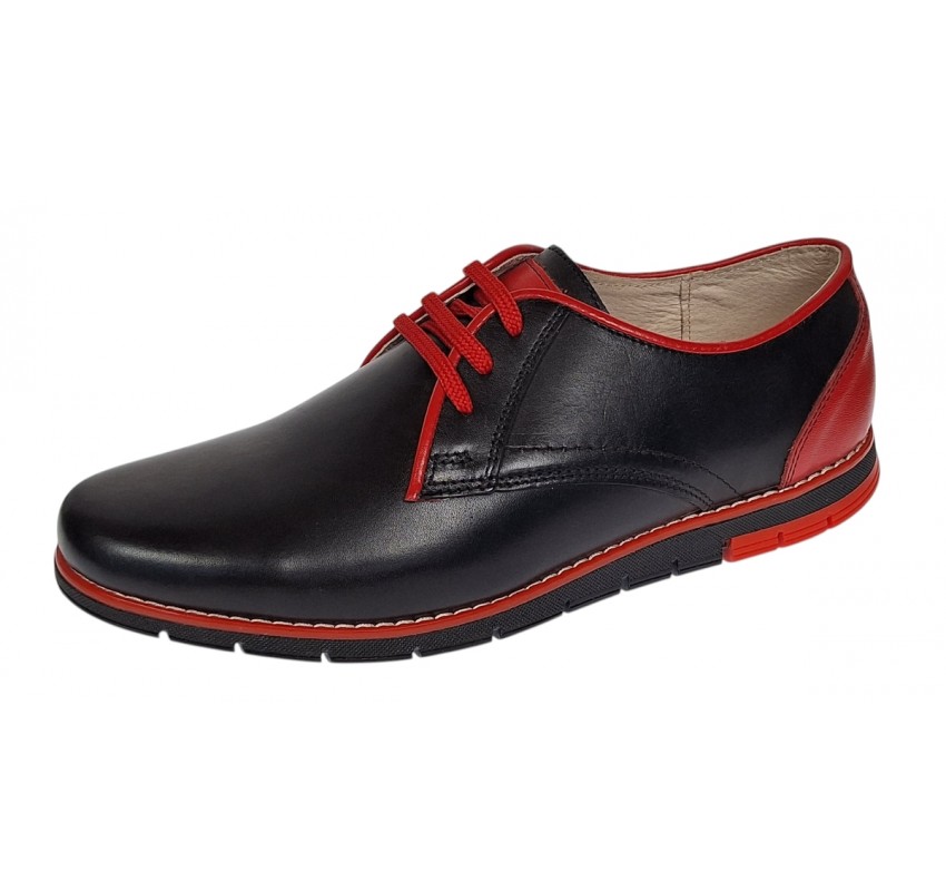 Pantofi barbati casual din piele naturala Negru si Rosu Marimea 40
