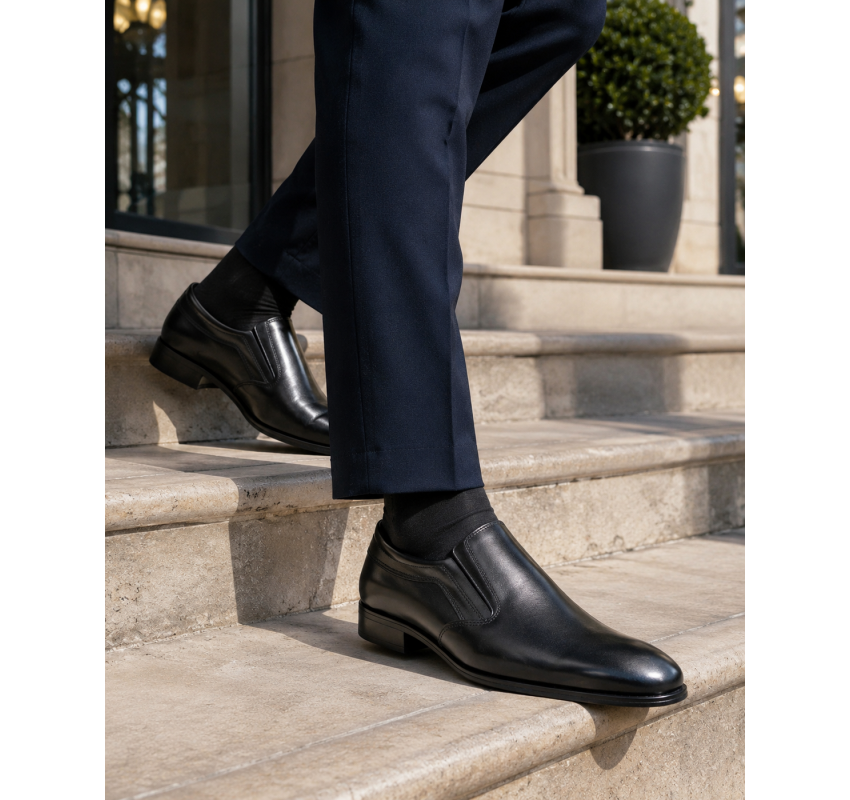 Pantofi barbati eleganti negri din piele naturala fara siret GKR818EN