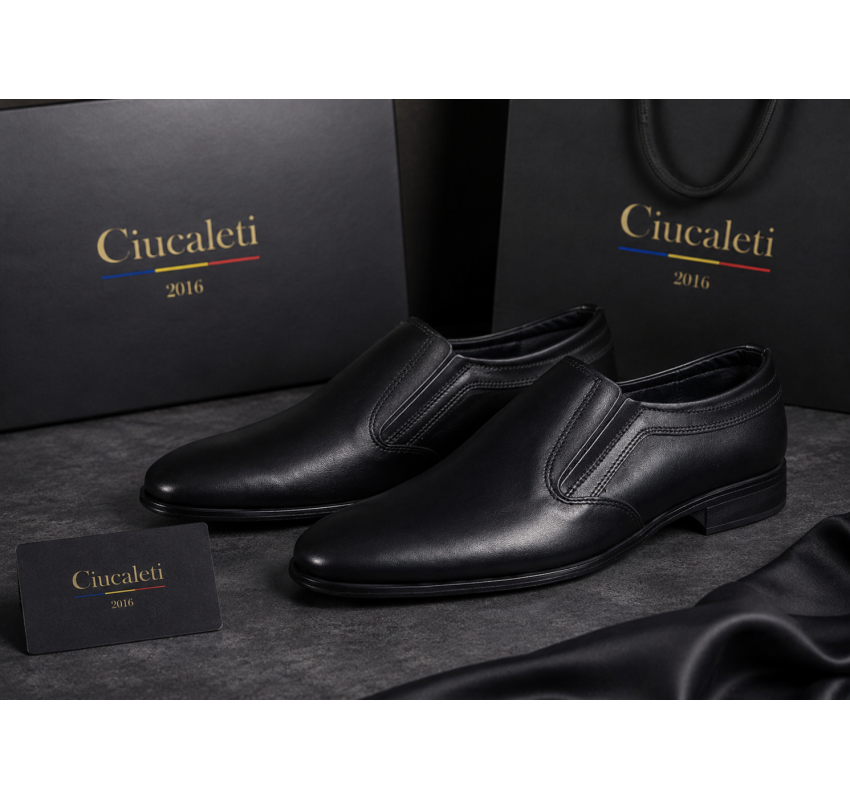Pantofi barbati eleganti negri din piele naturala fara siret GKR818EN