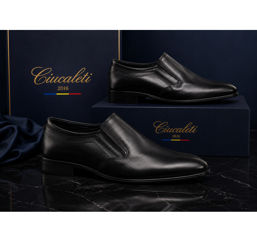 Pantofi barbati eleganti negri din piele naturala fara siret GKR818EN