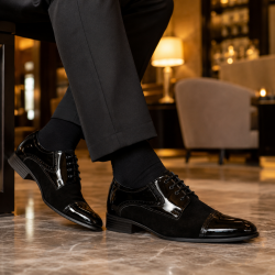 Pantofi bărbați negri din piele naturală lac și velur – eleganți și rafinați GKR819LVN