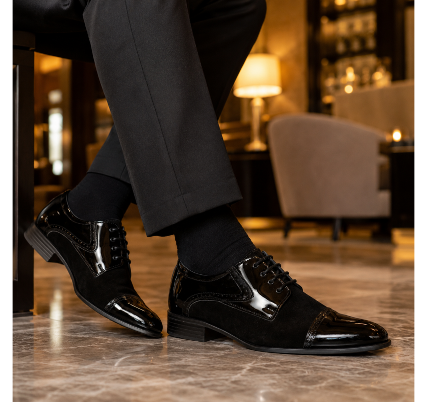 Pantofi bărbați negri din piele naturală lac și velur – eleganți și rafinați GKR819LVN