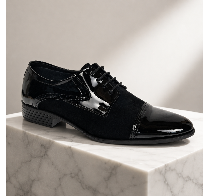 Pantofi bărbați negri din piele naturală lac și velur – eleganți și rafinați GKR819LVN