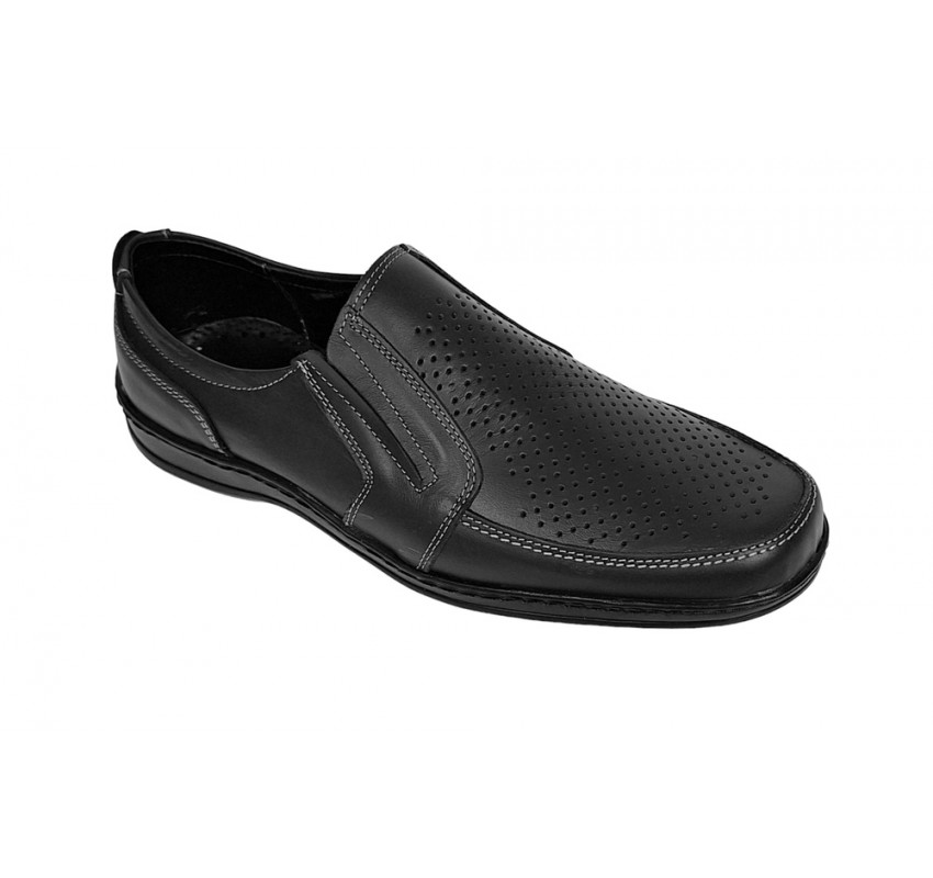 Pantofi barbati casual din piele naturala, perforati, cu elastic, calapod lat, Negru - GKR91N