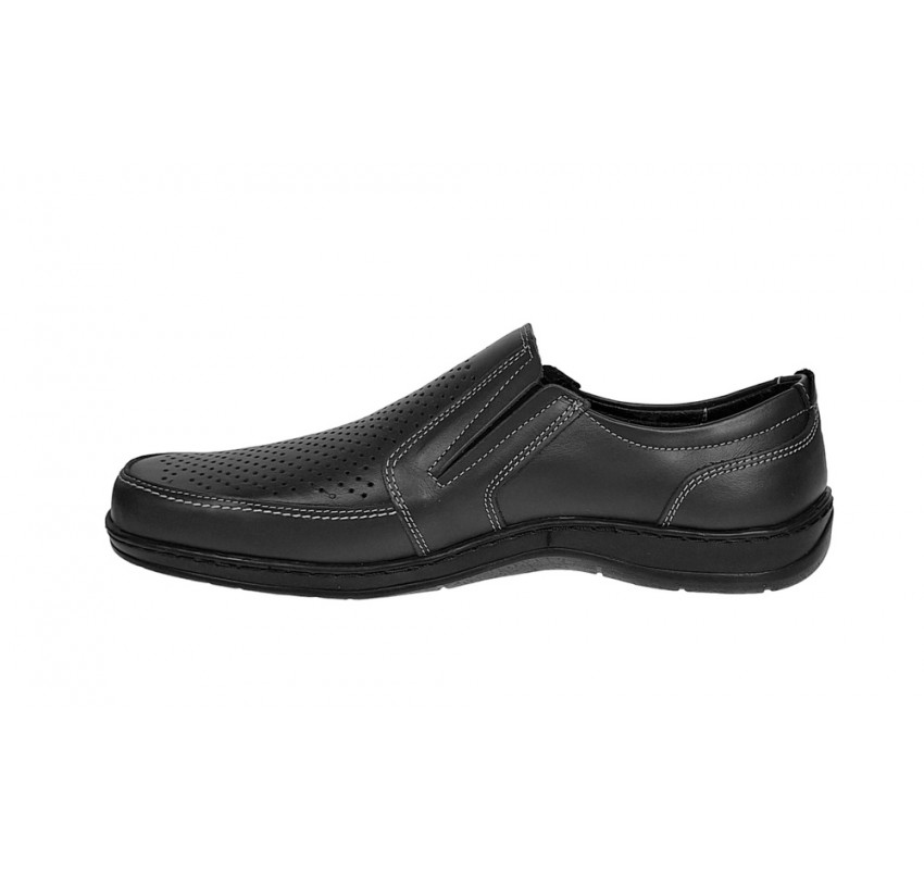 Pantofi barbati casual din piele naturala, perforati, cu elastic, calapod lat, Negru - GKR91N