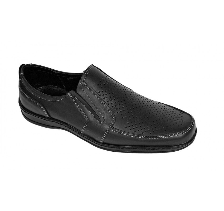 Pantofi barbati casual din piele naturala, perforati, cu elastic, calapod lat, Negru - GKR91N