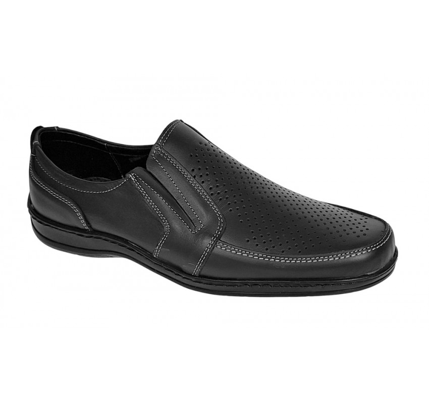 Pantofi barbati casual din piele naturala, perforati, cu elastic, calapod lat, Negru - GKR91N