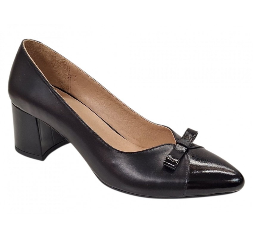 Pantofi eleganți damă negri din piele naturală, cu vârf lăcuit, fundă și toc gros KN1N
