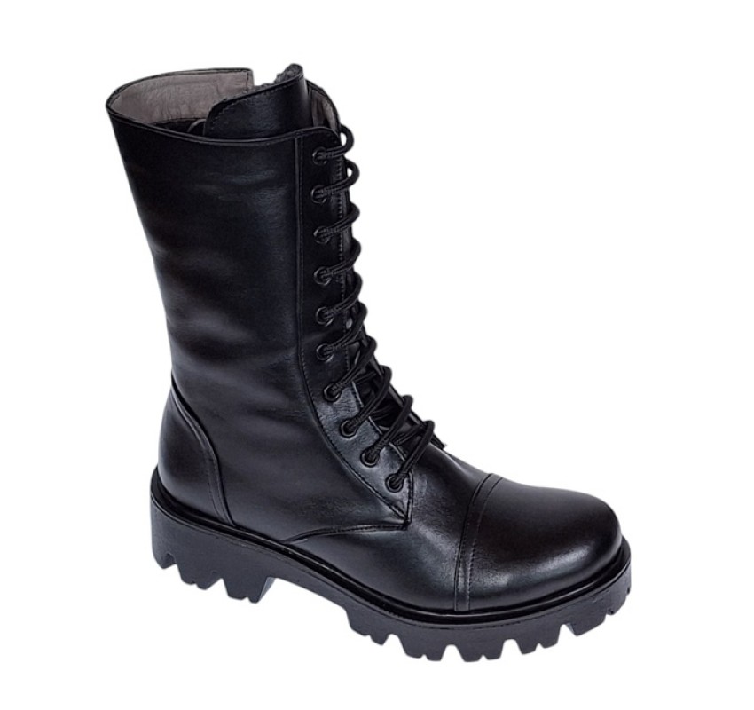 Oferta Ghete dama din piele naturala imblanite cu siret si fermoar Negru Daiki L289N