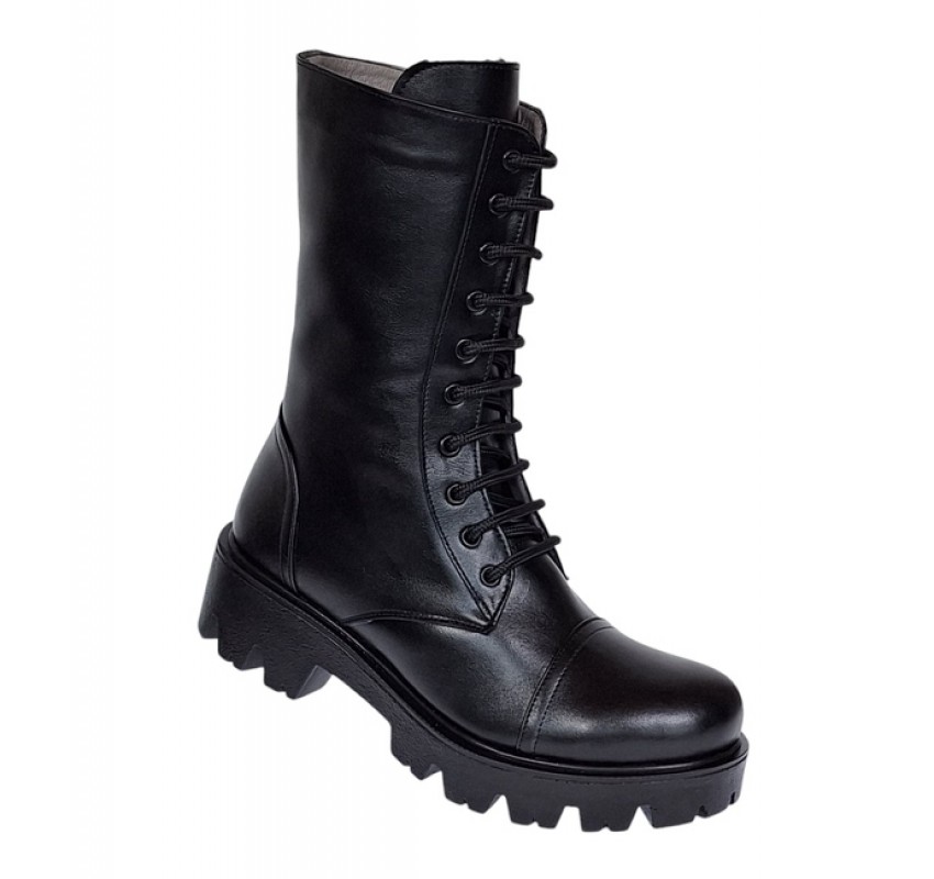 Oferta Ghete dama din piele naturala imblanite cu siret si fermoar Negru Daiki L289N