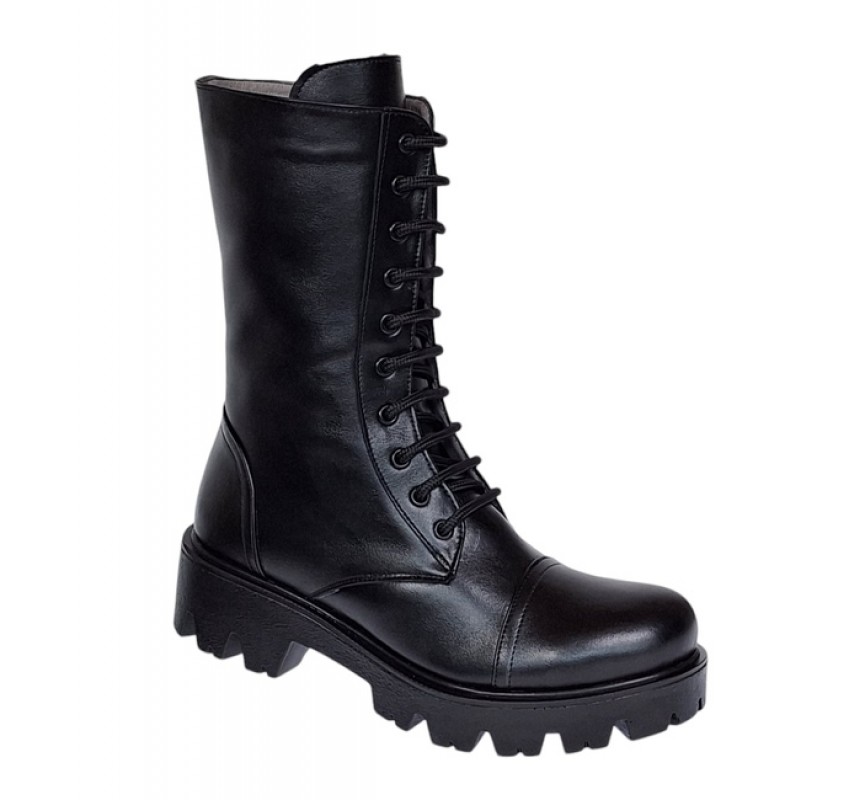 Oferta Ghete dama din piele naturala imblanite cu siret si fermoar Negru Daiki L289N