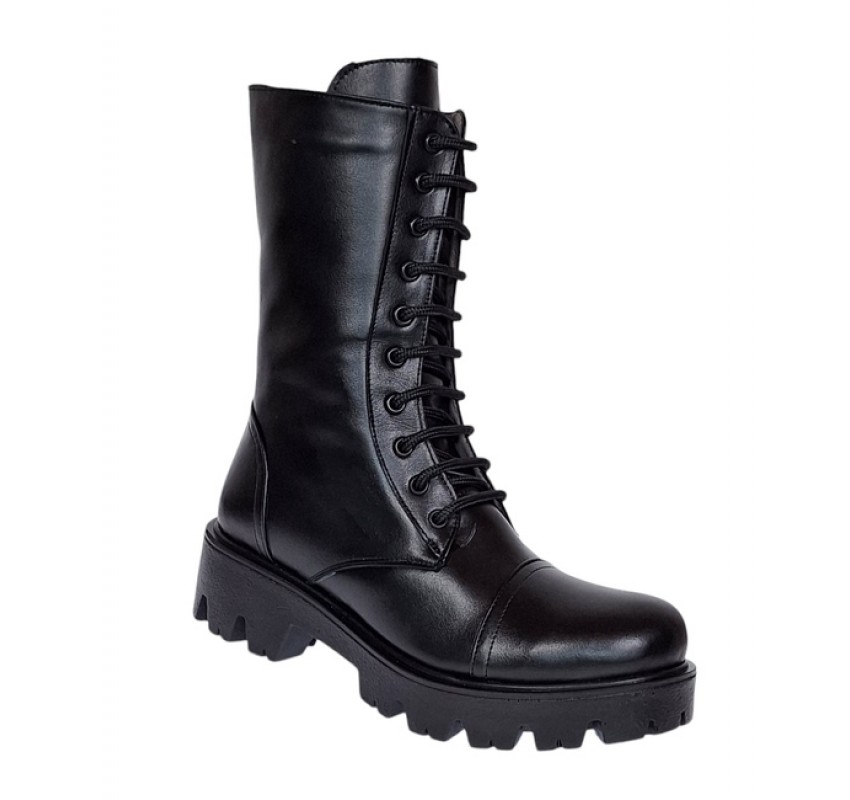 Oferta Ghete dama din piele naturala imblanite cu siret si fermoar Negru Daiki L289N