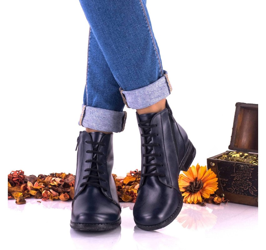 Ghete dama casual din piele naturala bleumarin cu siret si fermoar - Marimea 40