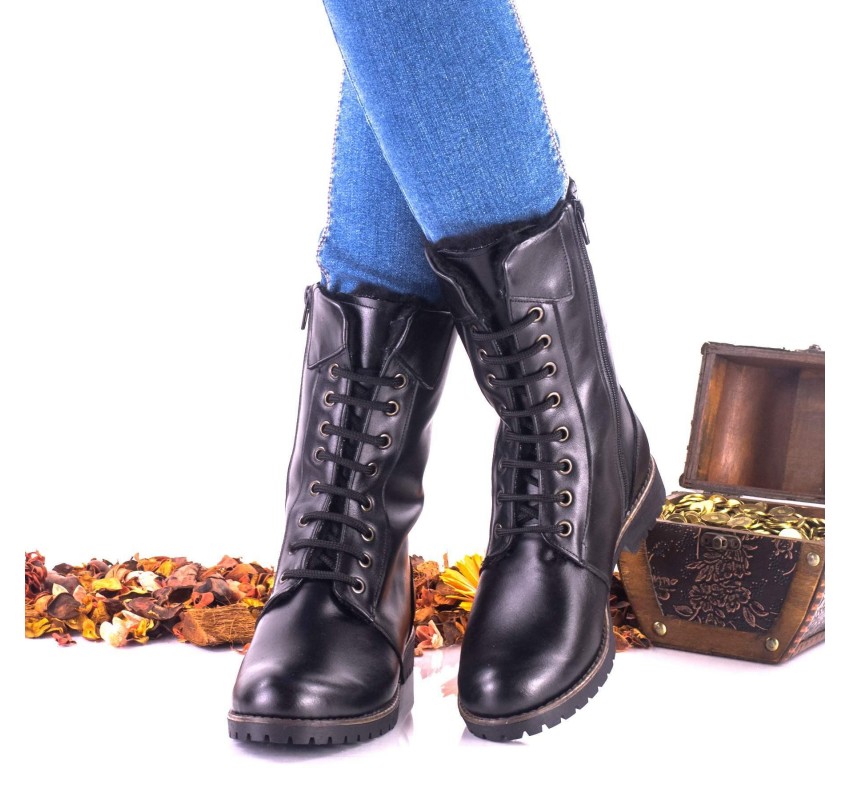 Oferta Ghete dama marimea 39, negre, din piele naturala, cu siret si fermoar lateral, IMBLANITE - LNA244NP