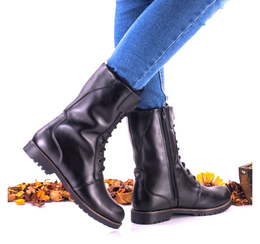 Oferta Ghete dama marimea 39, negre, din piele naturala, cu siret si fermoar lateral, IMBLANITE - LNA244NP