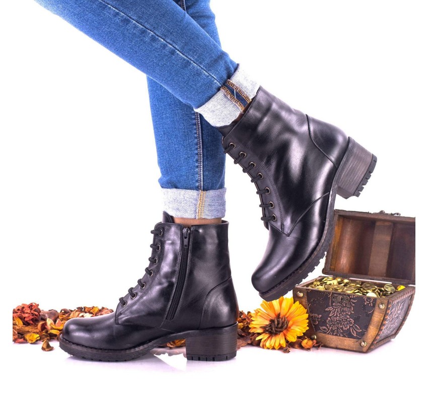 Oferta marimea 35, - Botine dama negre din piele naturala cu siret - LNA278 Oferta marimea 35, - Botine dama negre din piele naturala cu siret - LNA278
