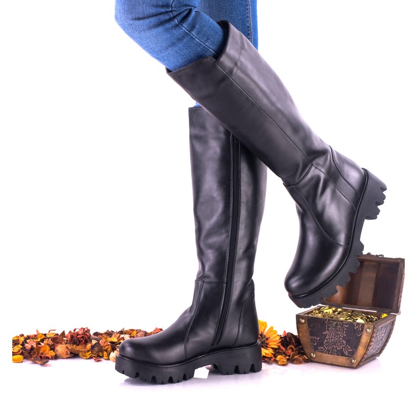 Oferta Marimea 39 Cizme dama inalte din piele naturala, negre, LNA290NP
