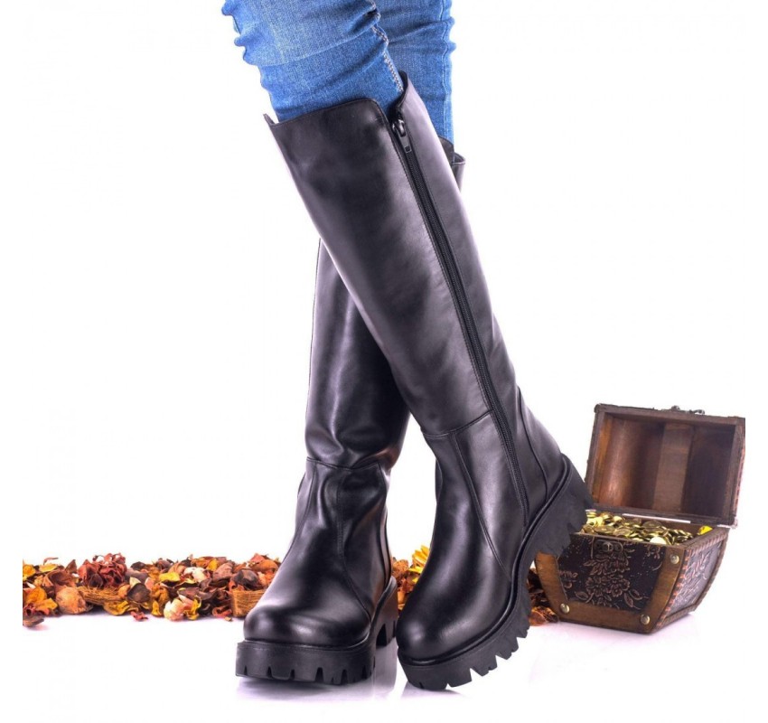 Cizme dama inalte din piele naturala negru box LNA290NP