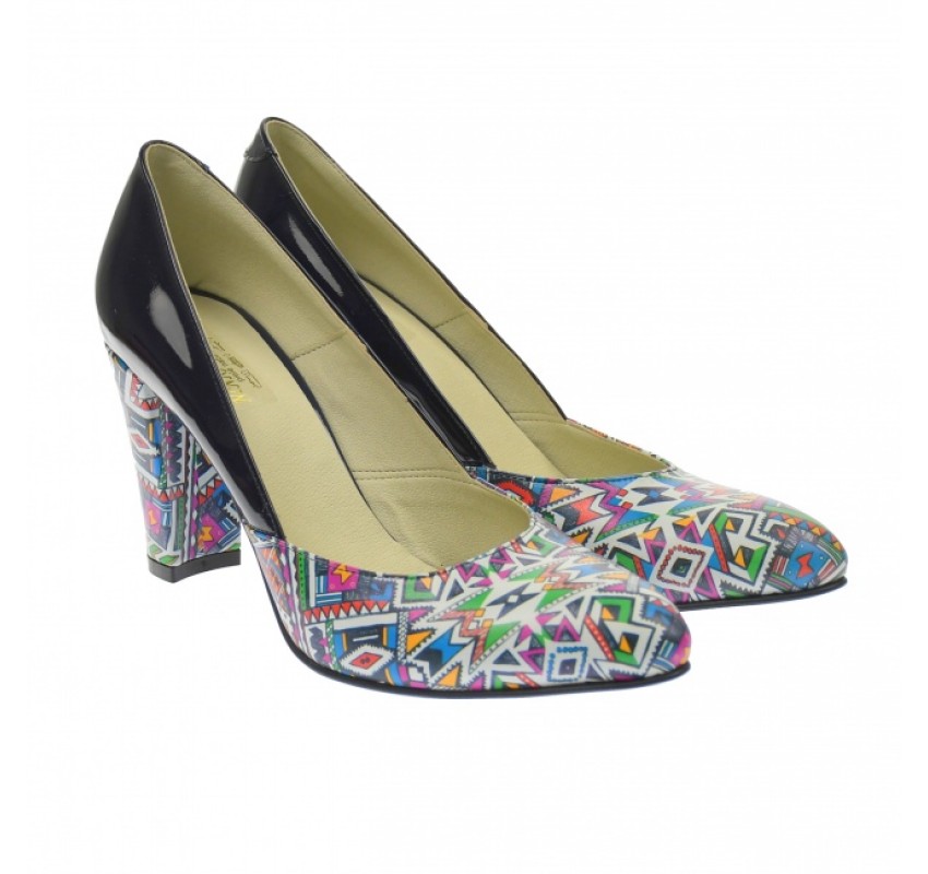 Marimea 40 - Pantofi dama, eleganti din piele naturala , negru cu imprimeu, toc 7cm - LNAA8NCOLOR