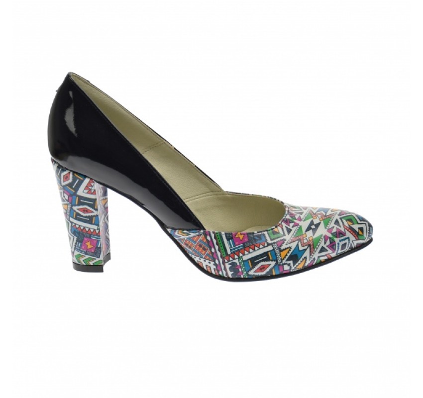 Marimea 40 - Pantofi dama, eleganti din piele naturala , negru cu imprimeu, toc 7cm - LNAA8NCOLOR