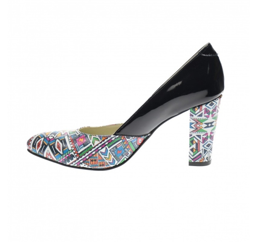 Marimea 40 - Pantofi dama, eleganti din piele naturala , negru cu imprimeu, toc 7cm - LNAA8NCOLOR
