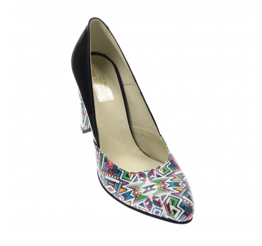 Marimea 40 - Pantofi dama, eleganti din piele naturala , negru cu imprimeu, toc 7cm - LNAA8NCOLOR