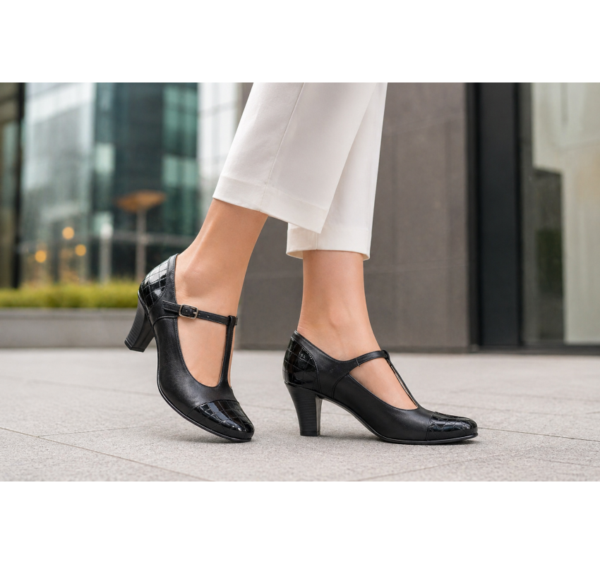 Pantofi dama eleganti din piele naturala cu bareta si varf lac - LP50N