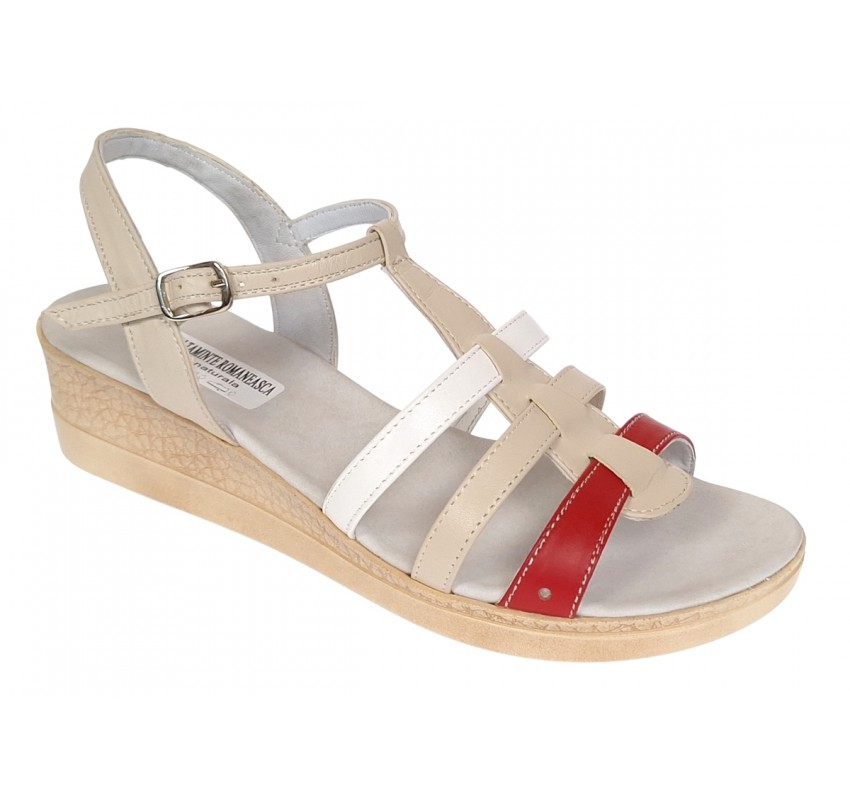 Oferta Sandale dama din piele naturala de 5 cm Bej Rosu Alb - LS12RBA