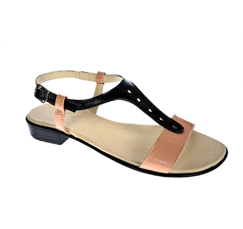 Sandale dama din piele naturala lacuita, nud - negru LS16NNUDL