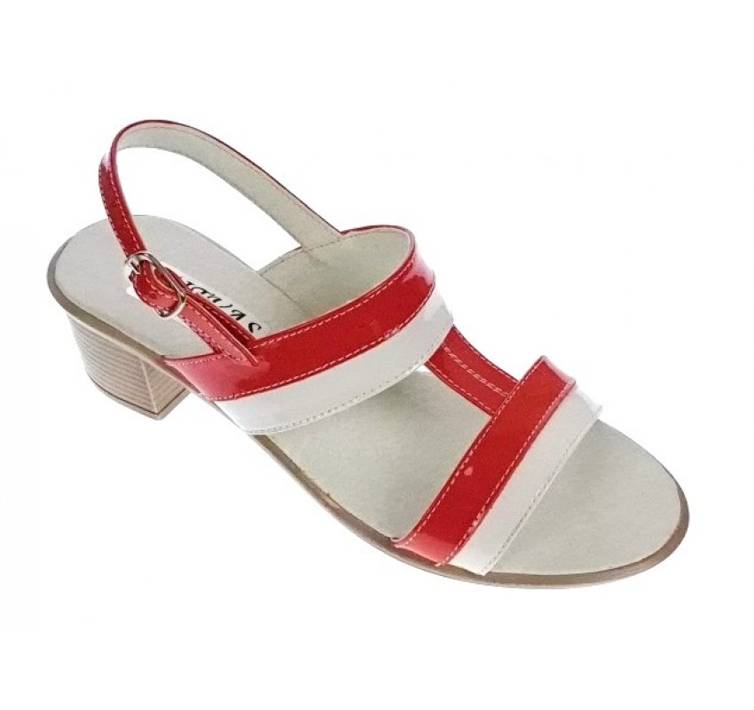 OFERTA marimea  35,36, 37, 38, 39, 40 -Sandale dama din piele naturala, lac, combinatie de culori, Rosu, Alb, toc de 5cm - LS7AR