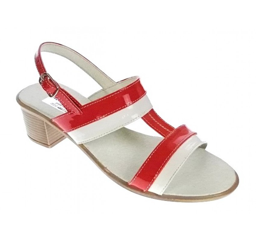 OFERTA marimea  35,36, 37, 38, 39, 40 -Sandale dama din piele naturala, lac, combinatie de culori, Rosu, Alb, toc de 5cm - LS7AR