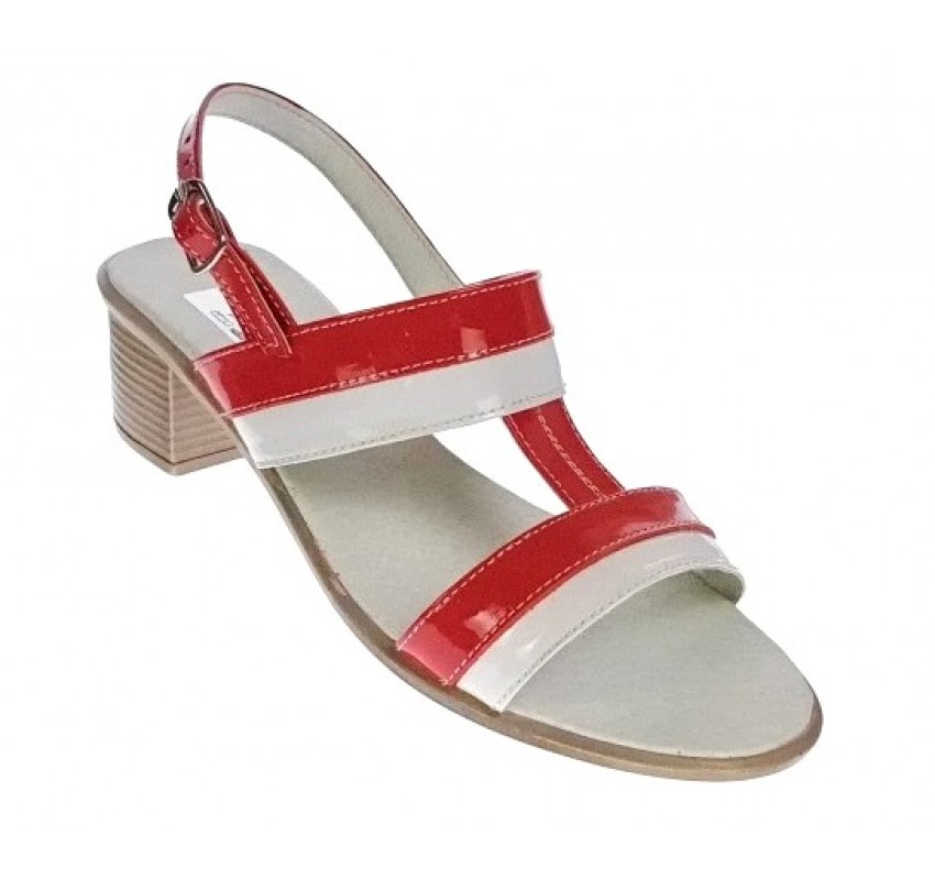 OFERTA marimea  35,36, 37, 38, 39, 40 -Sandale dama din piele naturala, lac, combinatie de culori, Rosu, Alb, toc de 5cm - LS7AR