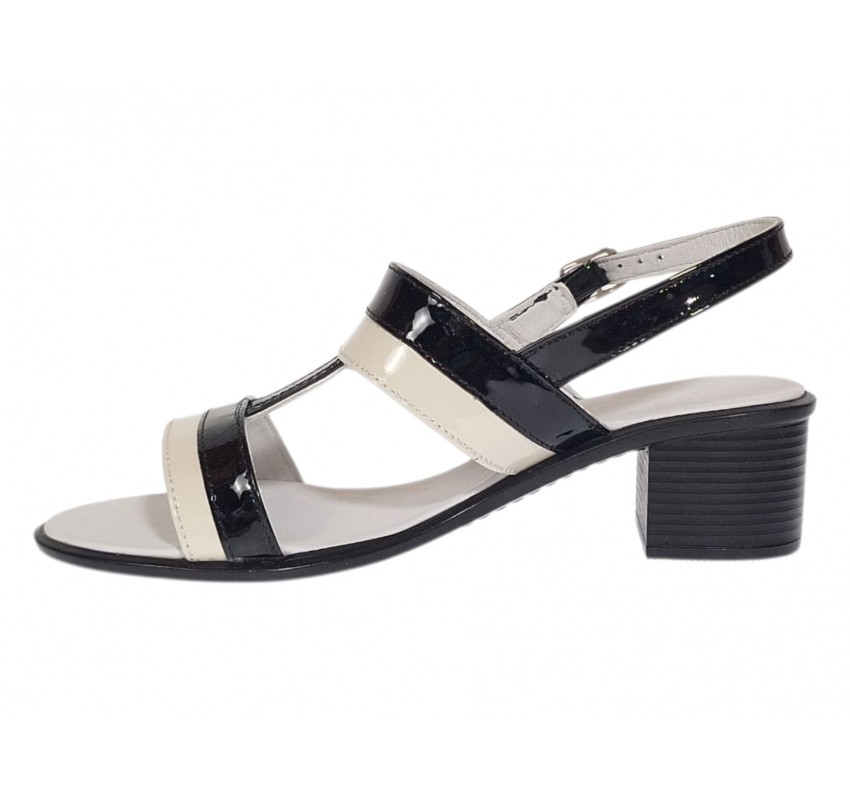 Marimea 36, 40 Sandale dama elegante bej cu negru, piele naturala lacuita LS7NBEJLAC